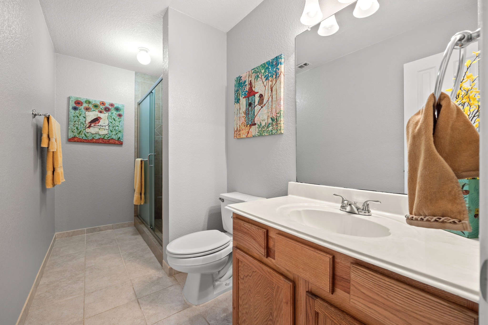 1108 Springbrook Road Pflugerville, TX 78660 - Photo 24 of 37 Functional bathroom featuring a shower, toilet, and vanity with a well-lit mirror.