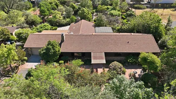 an aerial view of a house with a yard and potted plants