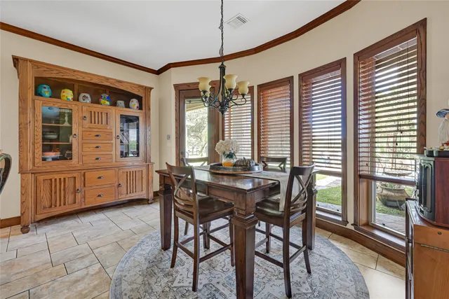a view of a dining room with furniture window and outside view