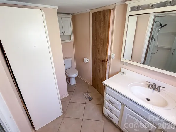 a bathroom with a sink a toilet and a mirror