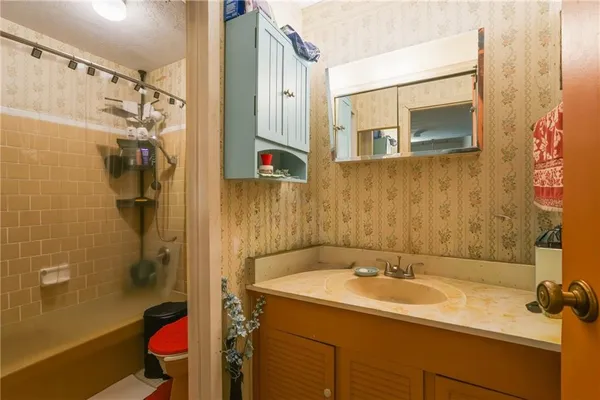 a bathroom with a sink and a mirror
