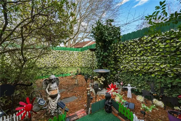 an outdoor space with seating area