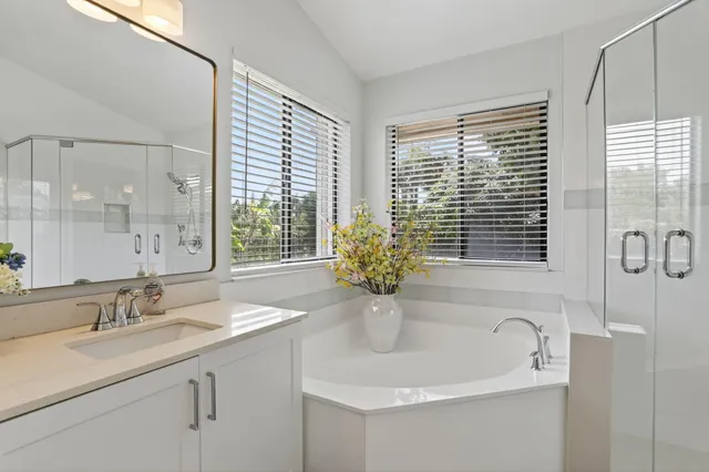 an aerial view of a house with a garden