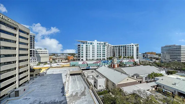 a city view with tall buildings