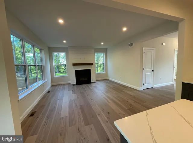 a view of empty room with wooden floor and fireplace