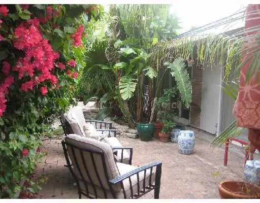 a view of a patio with table and chairs and potted plants