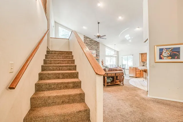 a living room with furniture ceiling fan and a rug
