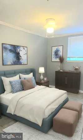 a bedroom with a bed and couch