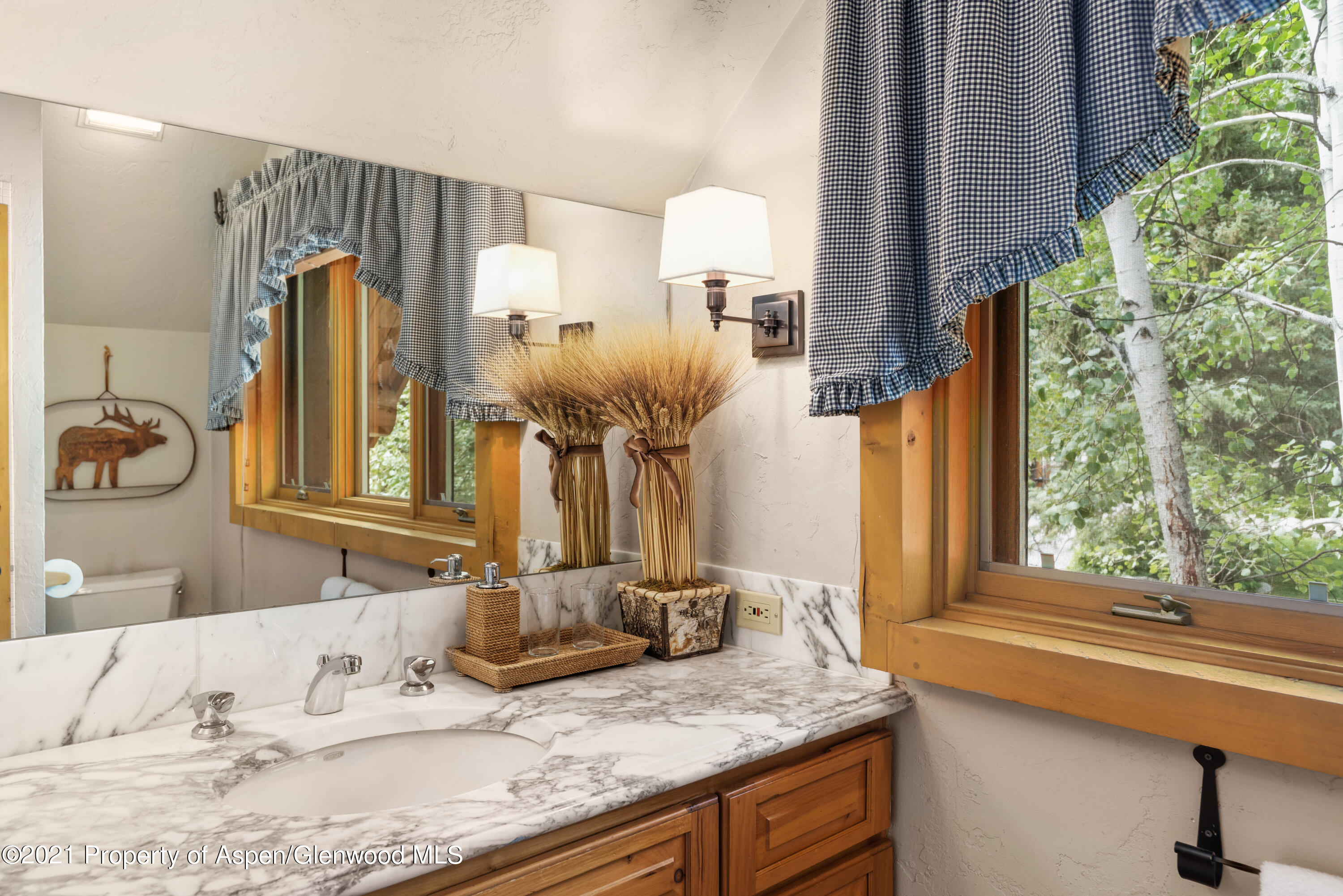 770 Twining Flats Road Woody Creek, CO 81611 - Photo 45 of 59 a bathroom with a granite countertop sink and a mirror