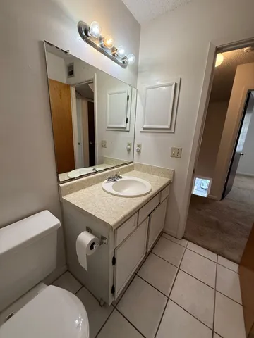 a bathroom with a sink a toilet and mirror