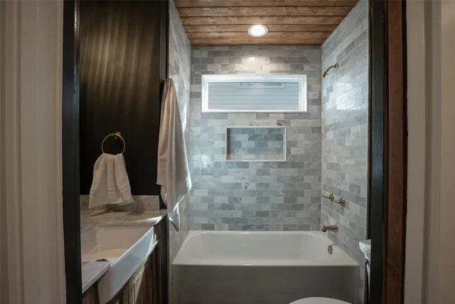 a bathroom with a bathtub
