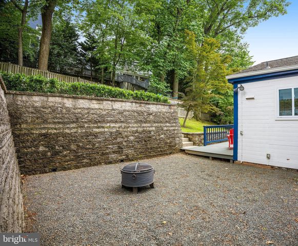 a view of a lake with a bench and trees
