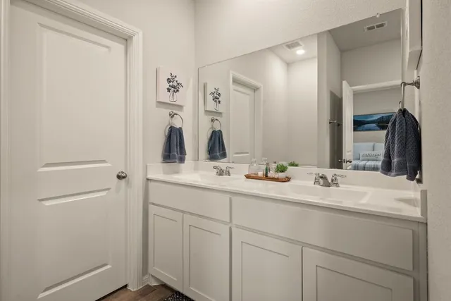 a bathroom with a double vanity sink and mirror