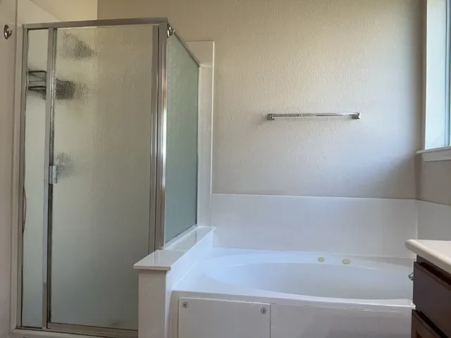 a bathroom with a bathtub and a shower
