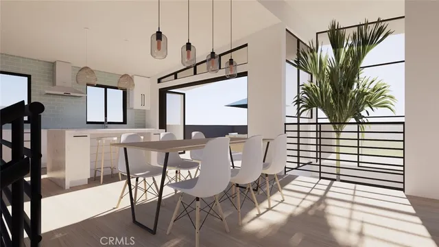 a view of a dining room with furniture and a chandelier