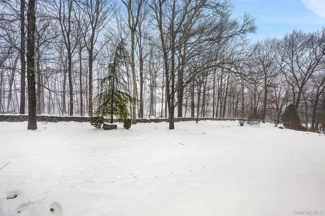 a view of a white house with a yard covered in snow
