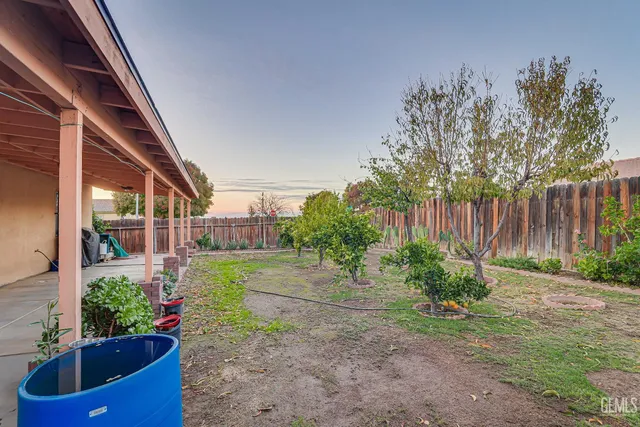 a garden view with a seating space