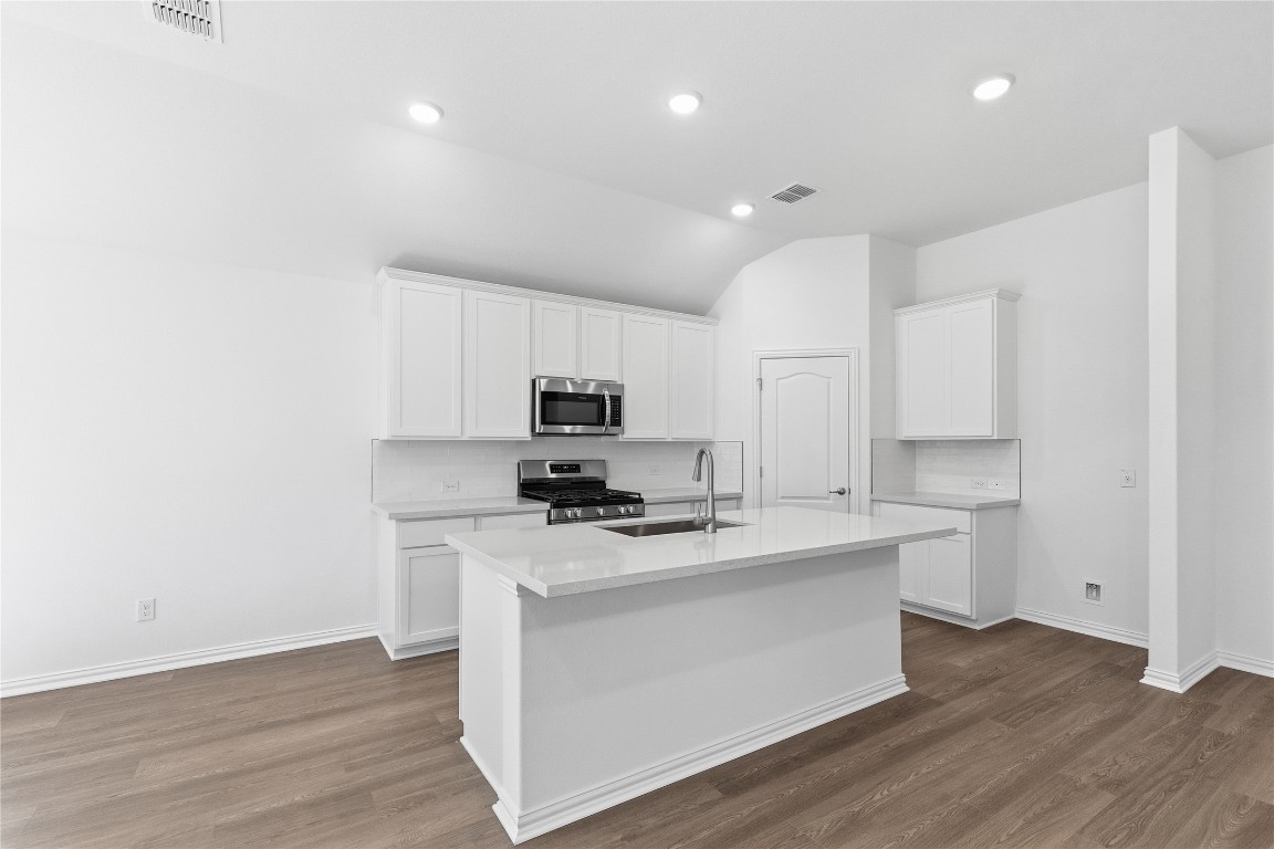 13609 Barn Chime Street Elgin, TX 78621 - Photo 3 of 14 a kitchen with stainless steel appliances a sink stove and wooden floor