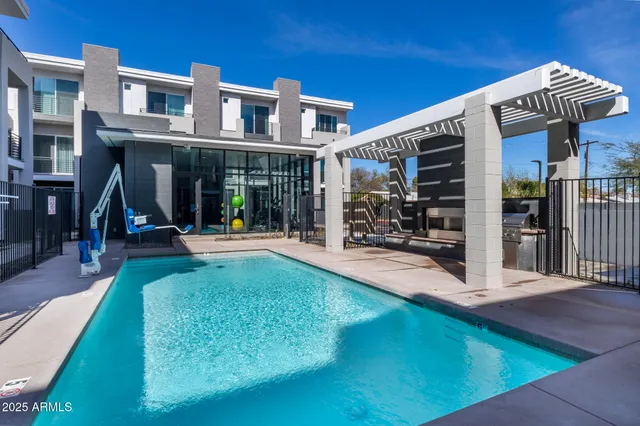 a front view of a building with a street