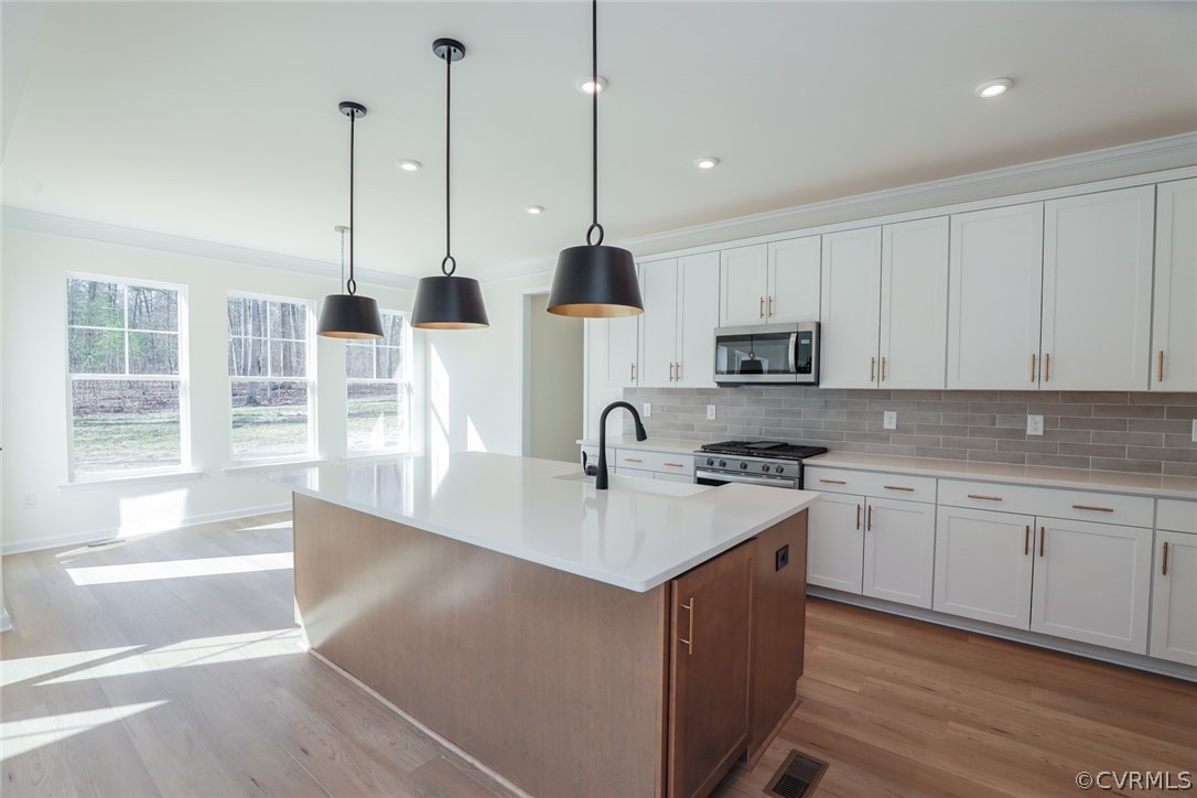 3825 Belspring Road Chester, VA 23831 - Photo 12 of 48 a kitchen with stainless steel appliances granite countertop a sink a stove a refrigerator a center island with wooden floor and cabinets