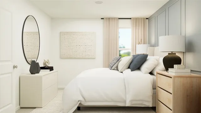 a bedroom with a bed and a mirror