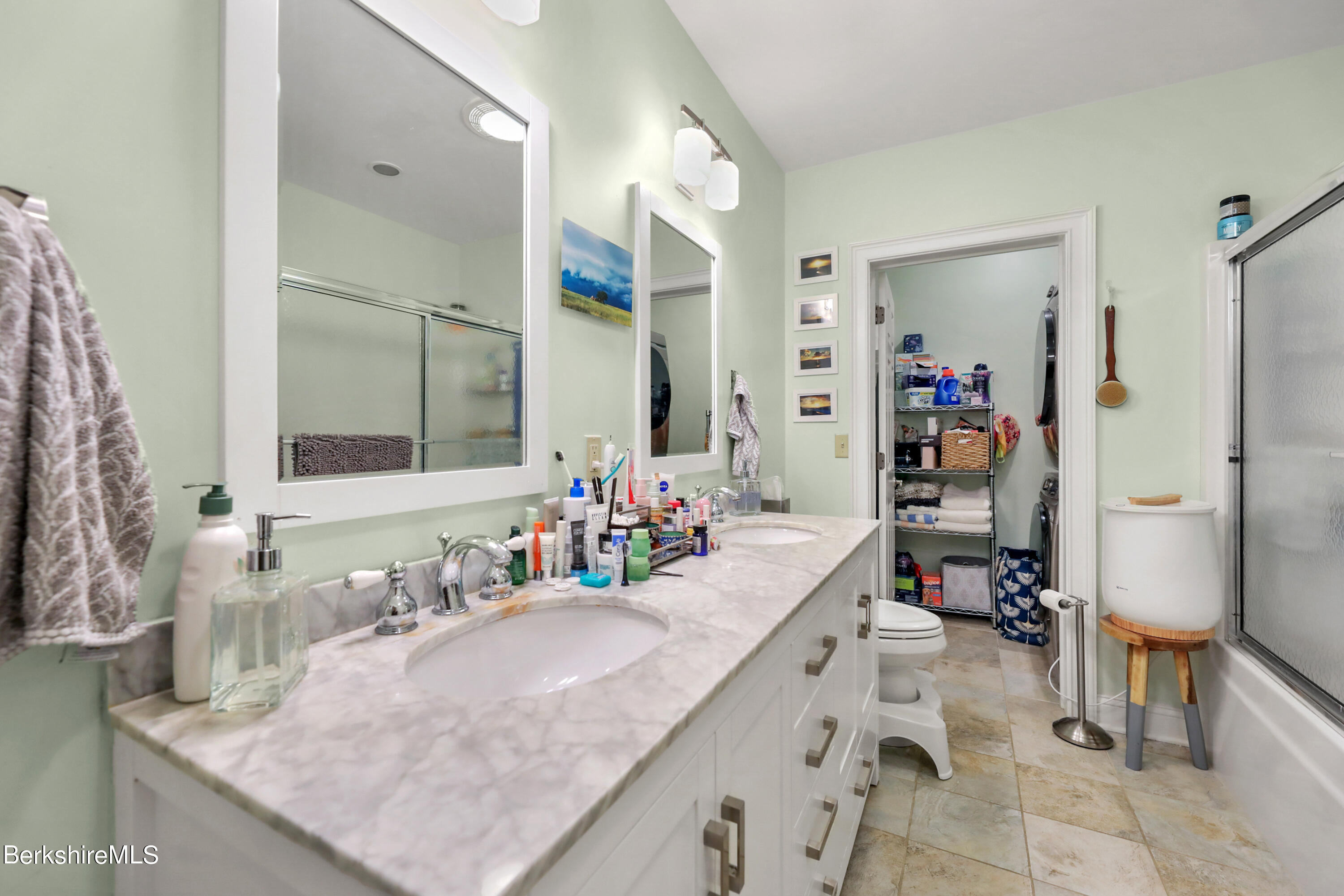 29 Main Street West Stockbridge, MA 01266 - Photo 37 of 51 a bathroom with a granite countertop sink a mirror and shower