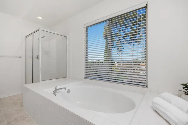 a bathroom with a bathtub and a shower