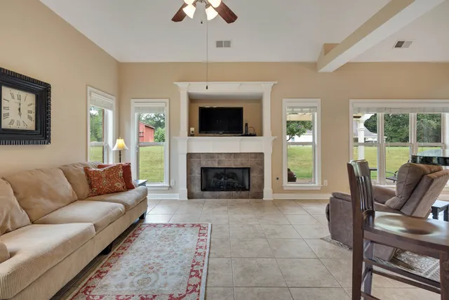 a living room with furniture a flat screen tv and a fireplace
