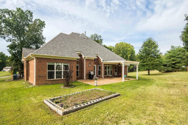 a view of a house with a yard potted plants and a large tree