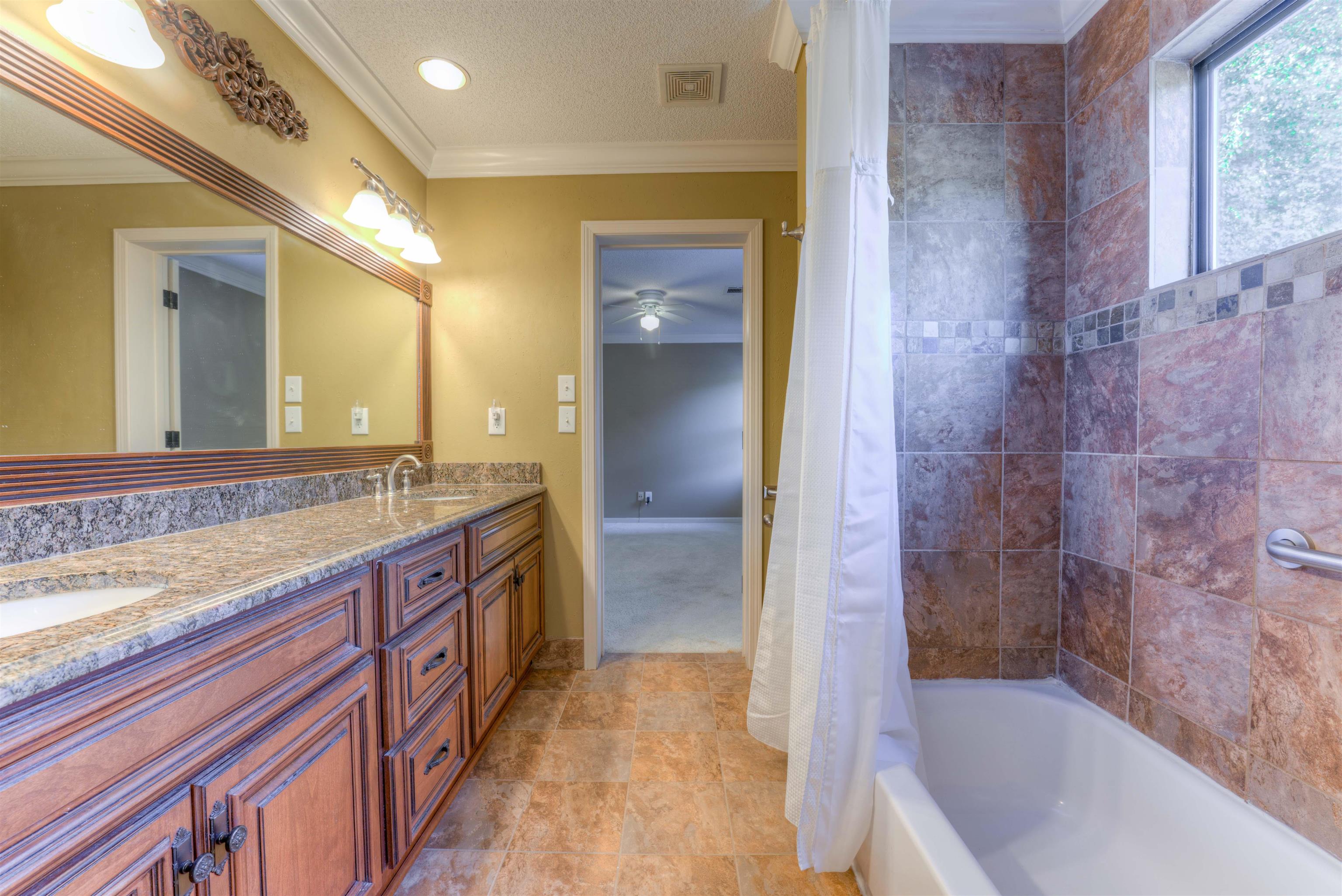 3385 Beaver Run Drive Collierville, TN 38017 - Photo 19 of 29 a bathroom with a granite countertop sink a bathtub and a shower