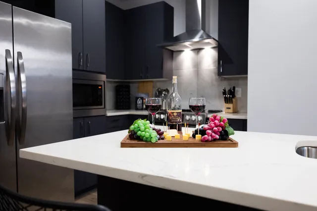 a view of a dining room with furniture