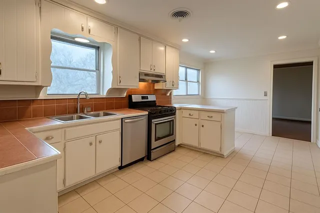 a kitchen that has a sink and a stove in it