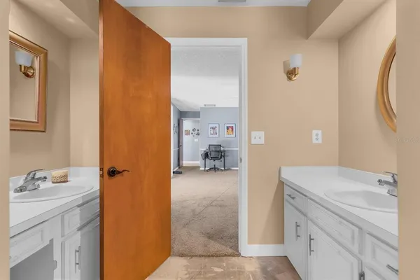 a view of a hallway with painted walls