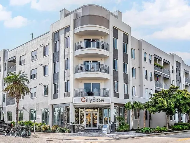 a front view of a multi story building