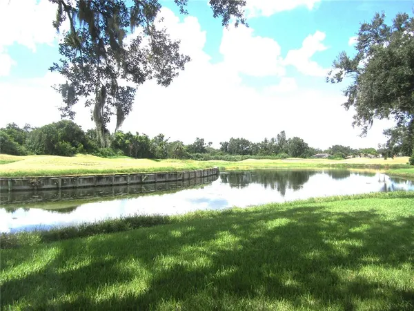 a view of a lake with houses in the background