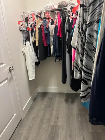 a view of walk in closet with clothes and shoes