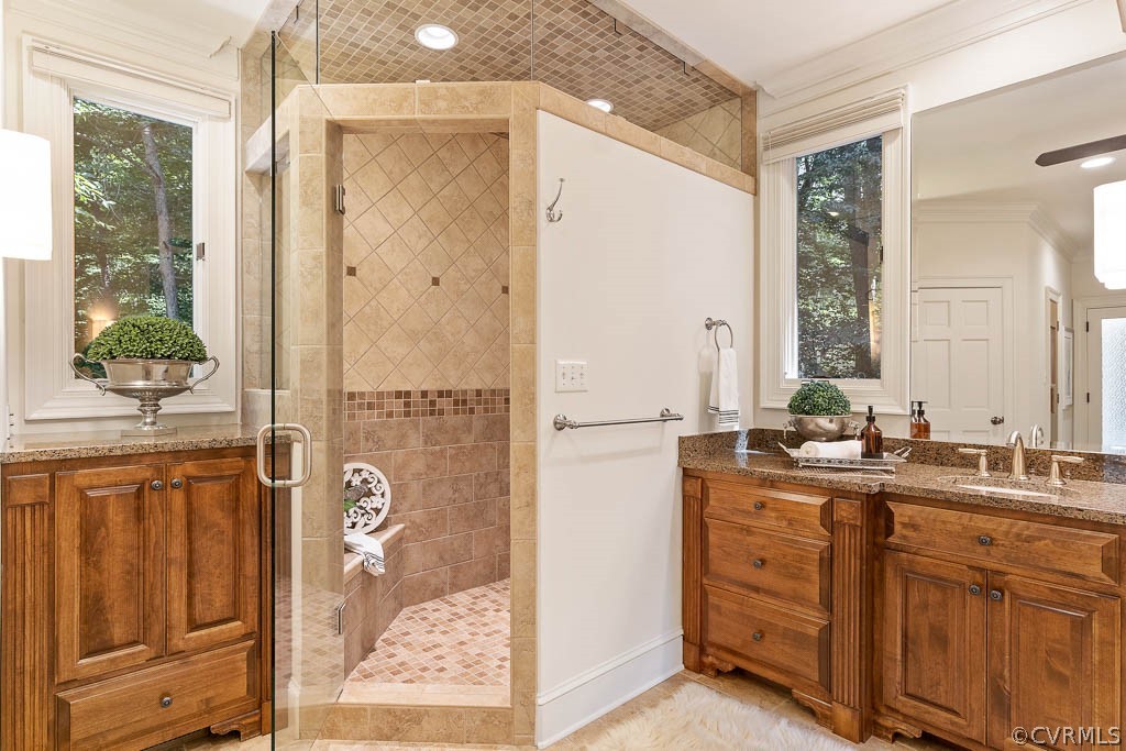 4110 Reeds Landing Circle Midlothian, VA 23113 - Photo 14 of 50 a bathroom with a granite countertop sink a mirror and a shower