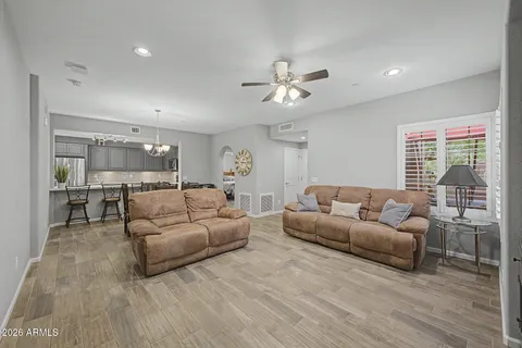 a view of a dining room with furniture