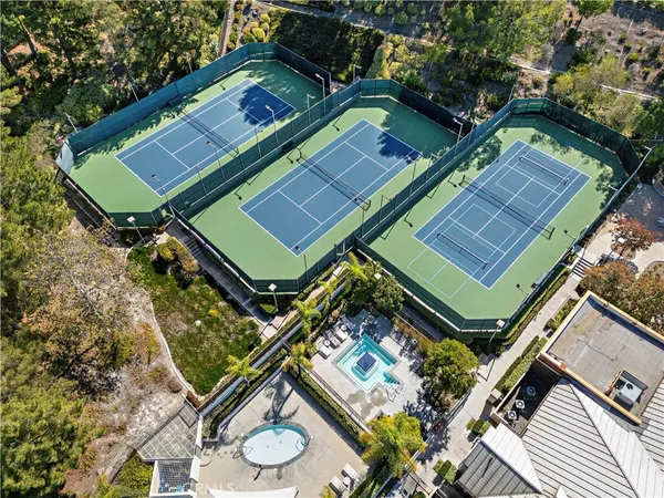 an aerial view of a backyard