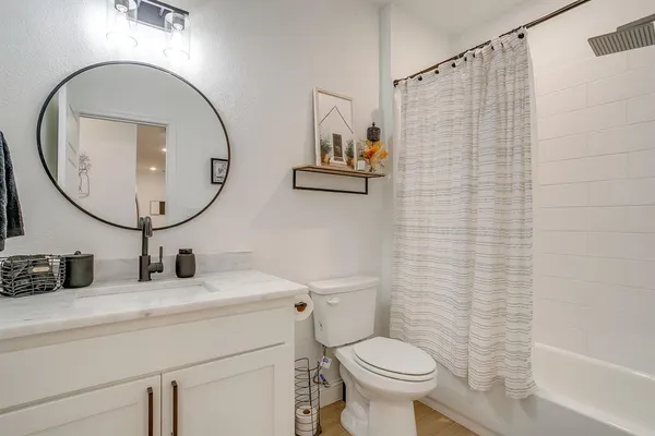 a bathroom with a sink a toilet and a mirror