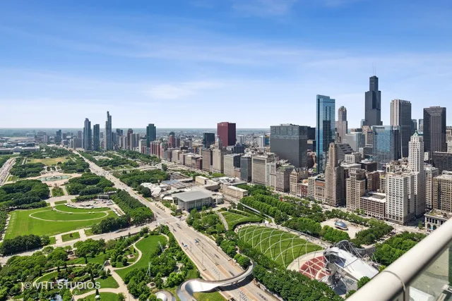 a city view with tall buildings