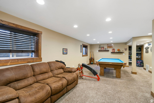 781 West 3000 South Heber City, UT 84032 - Photo 17 of 30 Recreation room with billiards table, recessed lighting, carpet floors, and plenty of natural light