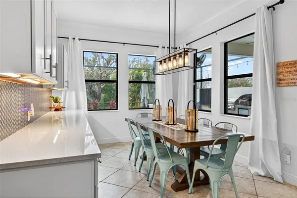 a view of a dining room with furniture window and outside view