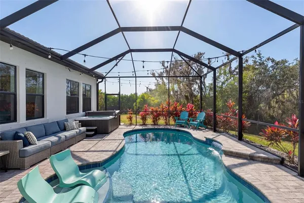 a view of a house with a big yard potted plants and large tree