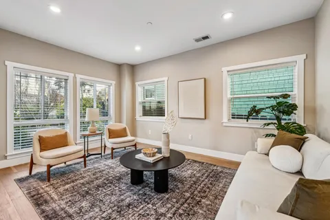 a living room with furniture and a potted plant