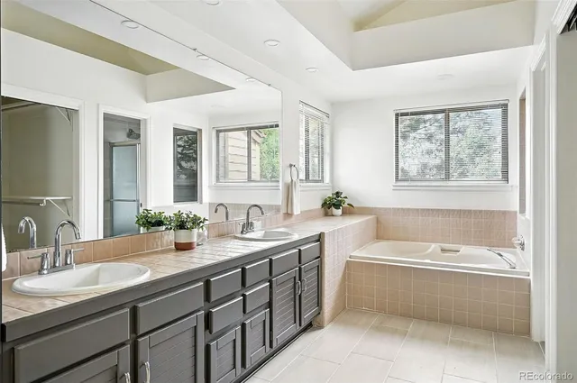 a bathroom with a tub a sink and a window