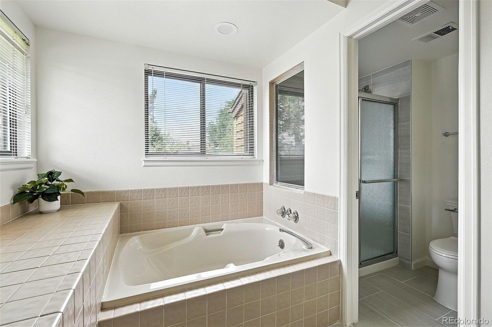 9400 East Iliff Avenue, Unit 321 Denver, CO 80231 - Photo 28 of 44 a bath tub sitting next to a blue sink and a toilet