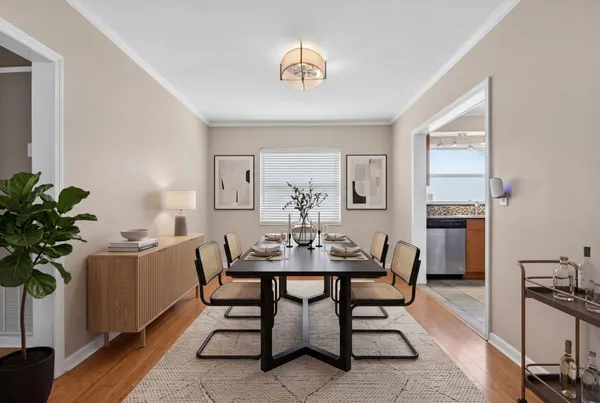 a view of a dining room with furniture and a potted plant