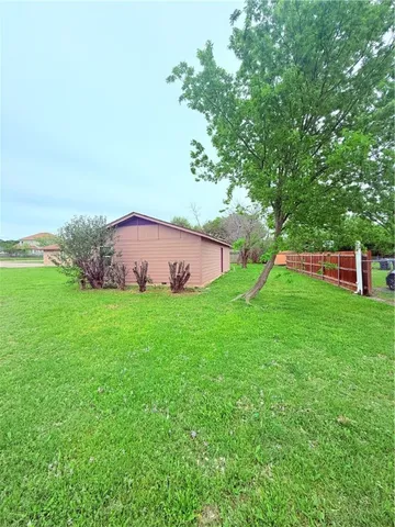 a view of a backyard with plants and large trees