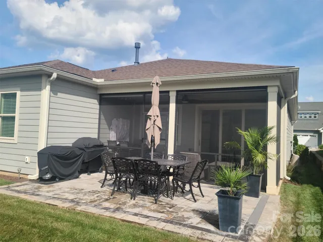 a front view of a house with patio